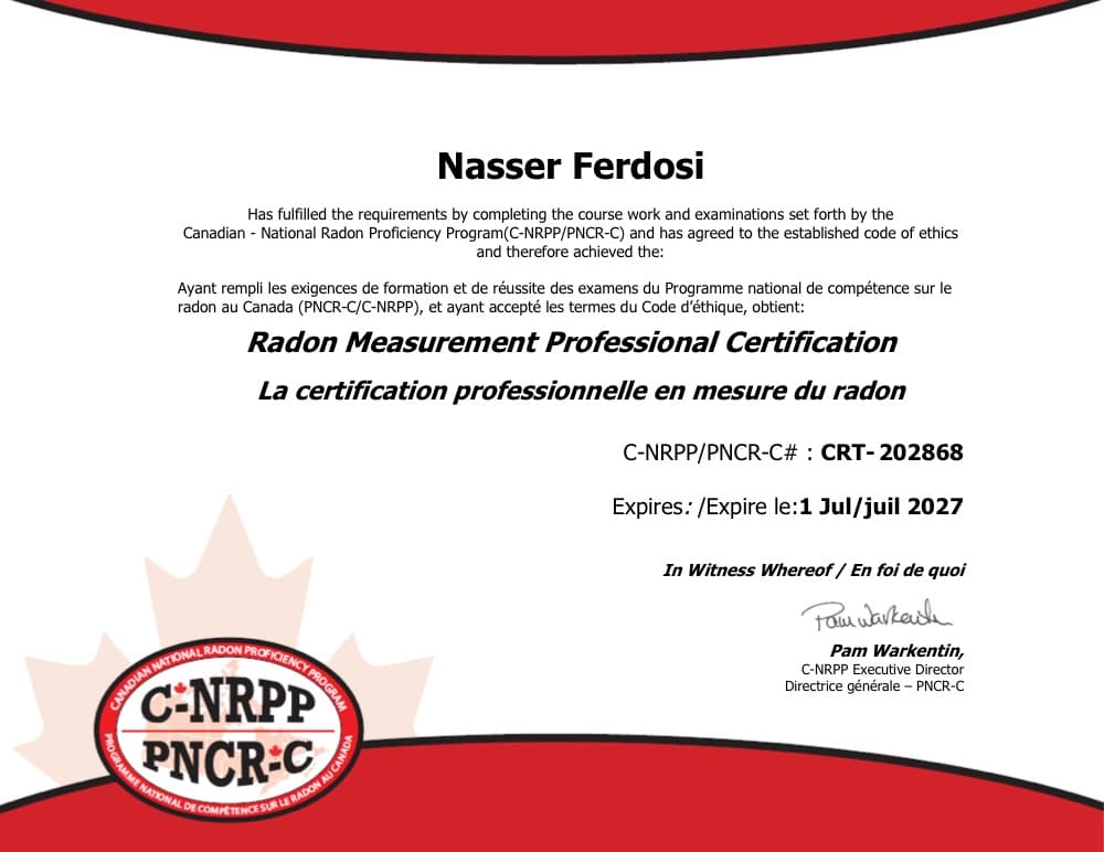 Radon Measurement Professional Certification — Nasser Ferdosi